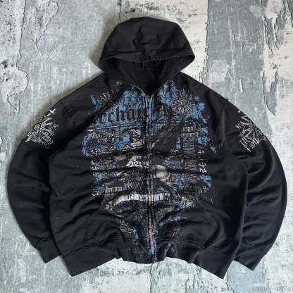 Retro Pattern Zipper Hoodie black 3 / S