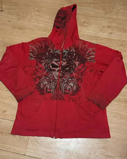 Retro Pattern Zipper Hoodie red 1 / S