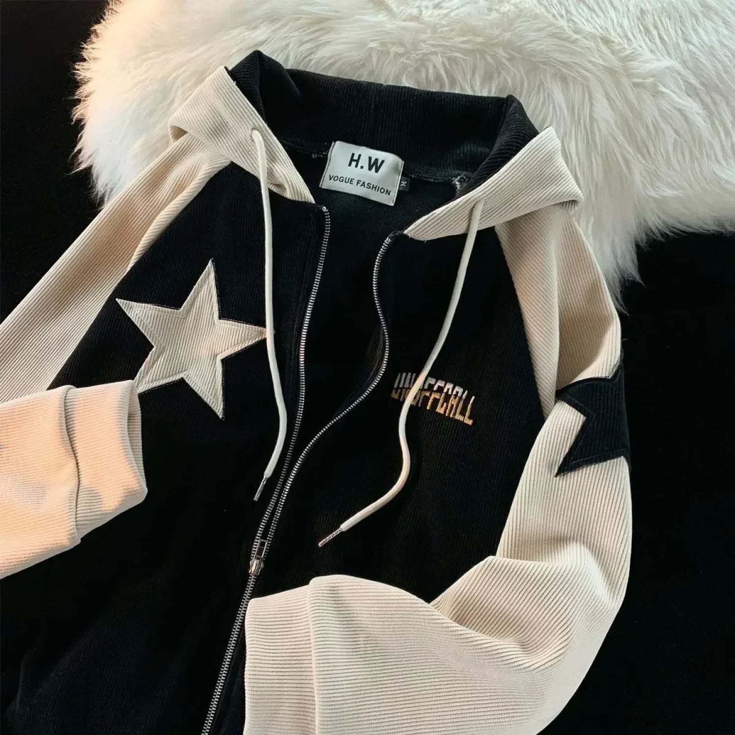Retro Star Patch Zipper Hoodie Black / M