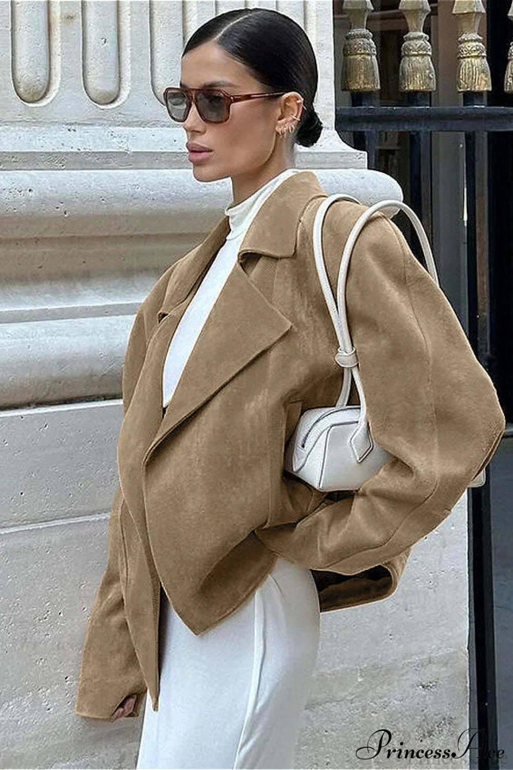 Retro Suede Blazer collar Loose Work Coat Khaki / S