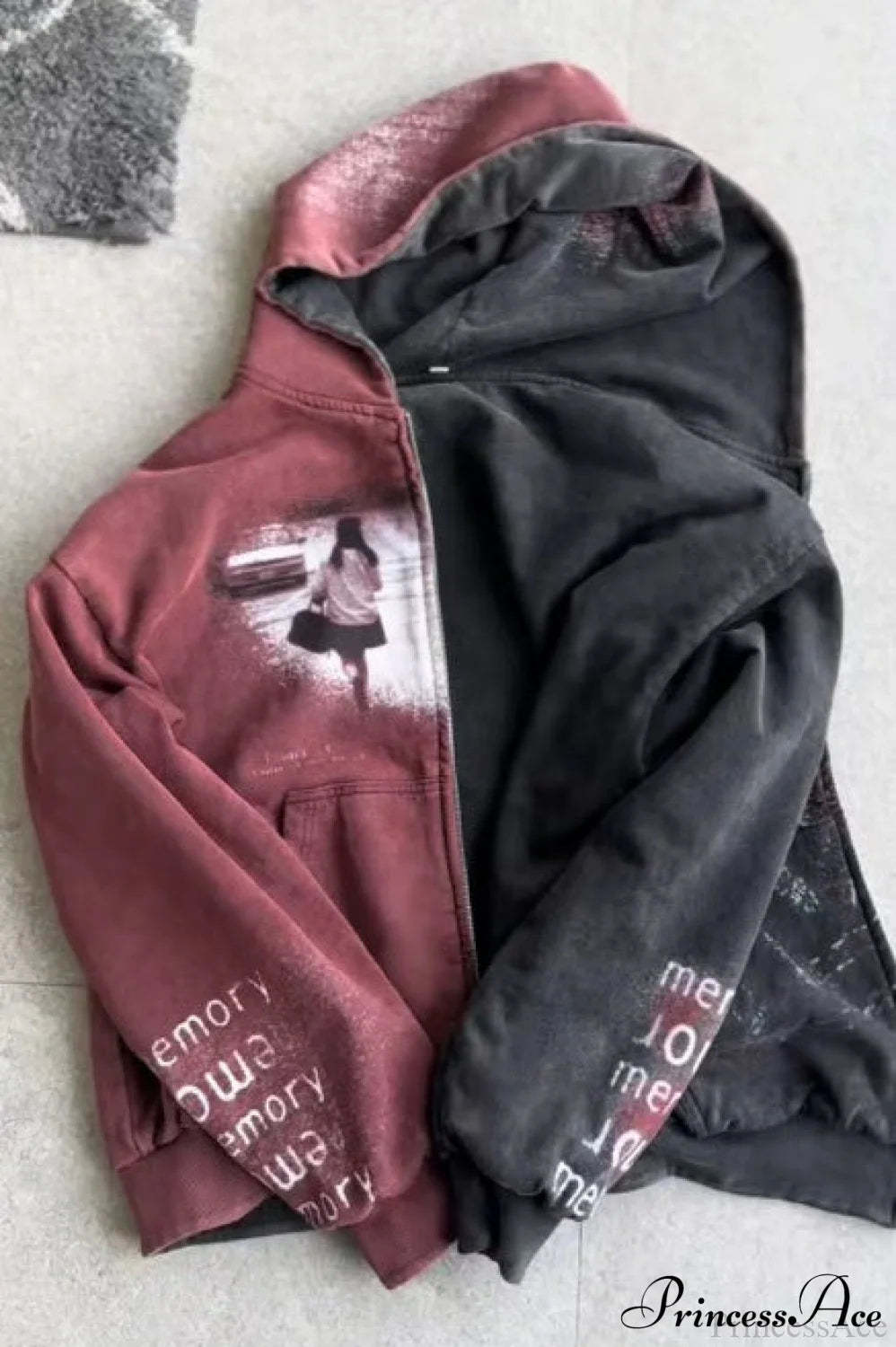 Reversible Retro Printed Patchwork Zip Hoodie Black / S