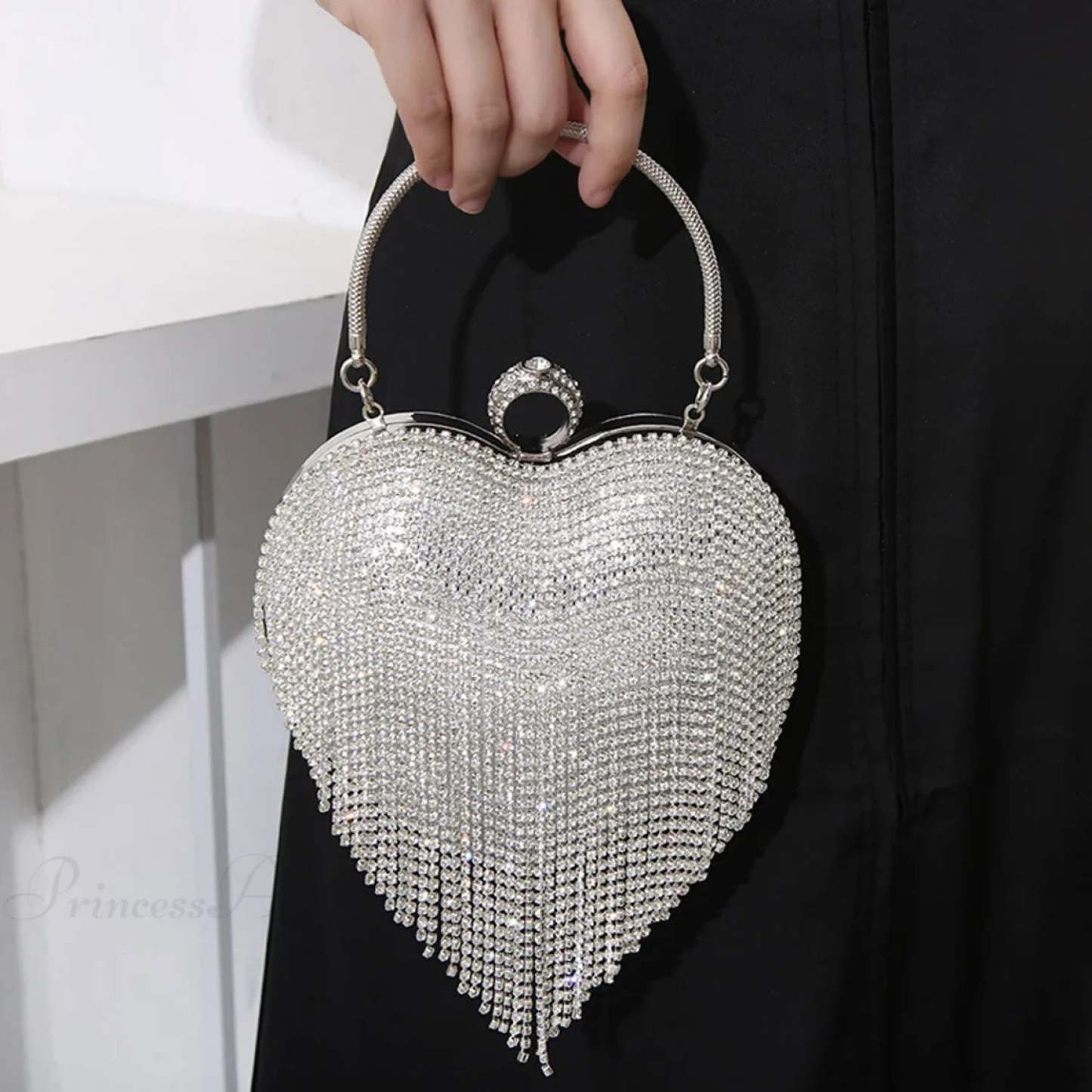 Rhinestone Heart Pattern Silver Evening Clutch Wedding Bridal Purse clutchbag-250126