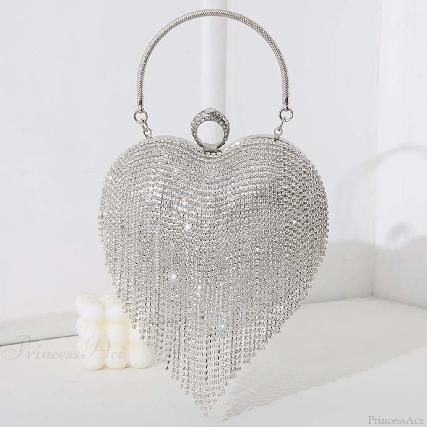 Rhinestone Heart Pattern Silver Evening Clutch Wedding Bridal Purse clutchbag-250126