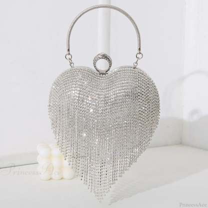 Rhinestone Heart Pattern Silver Evening Clutch Wedding Bridal Purse clutchbag-250126