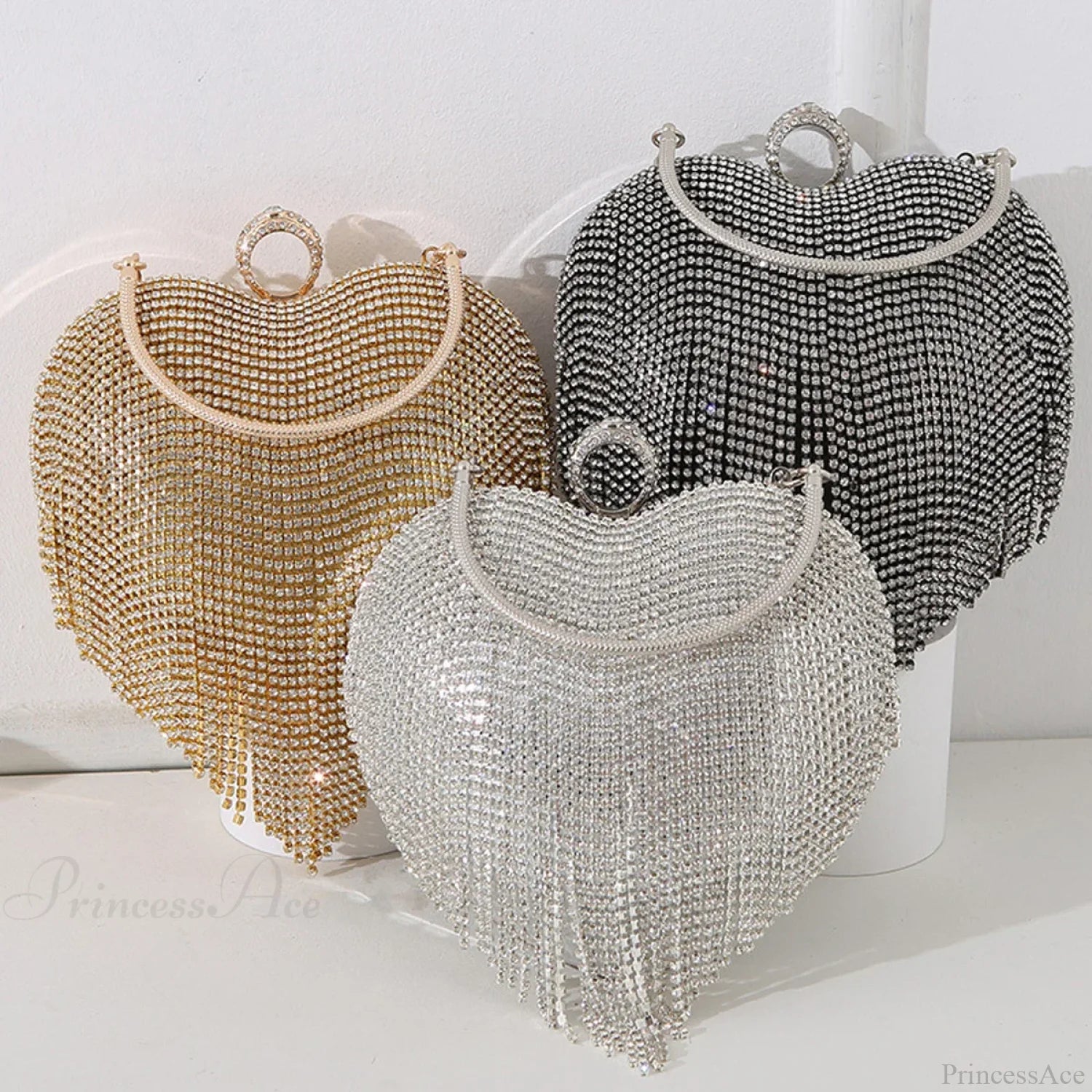 Rhinestone Heart Pattern Silver Evening Clutch Wedding Bridal Purse clutchbag-250126