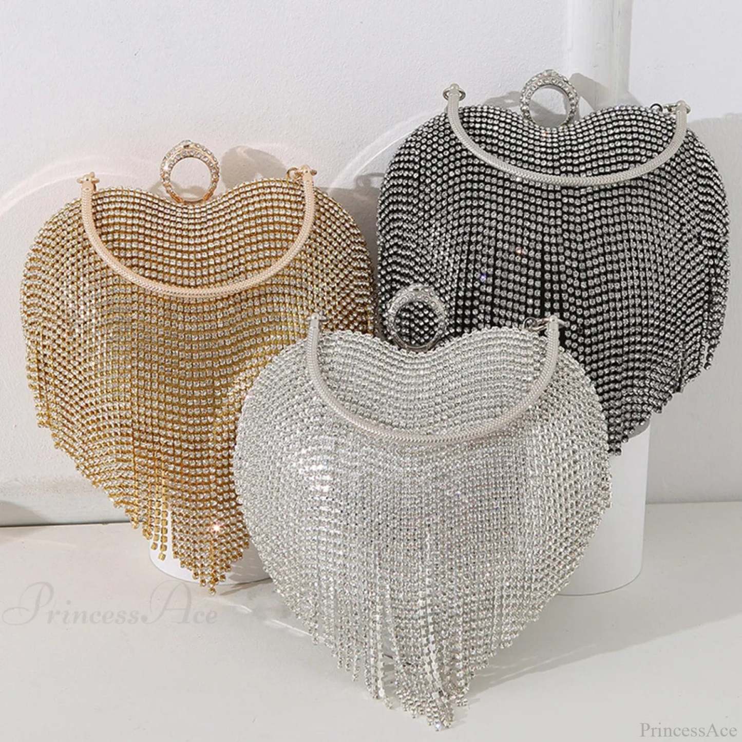 Rhinestone Heart Pattern Silver Evening Clutch Wedding Bridal Purse clutchbag-250126