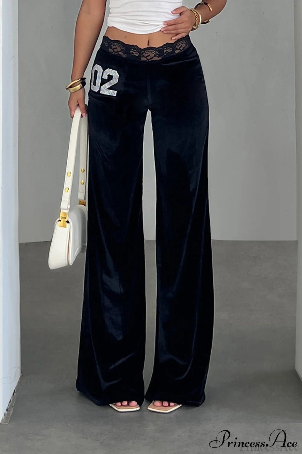 Rhinestone Lace Waist Patchwork Velvet Pants