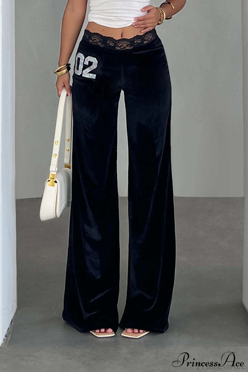 Rhinestone Lace Waist Patchwork Velvet Pants