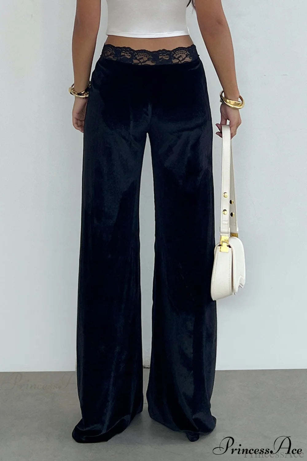 Rhinestone Lace Waist Patchwork Velvet Pants