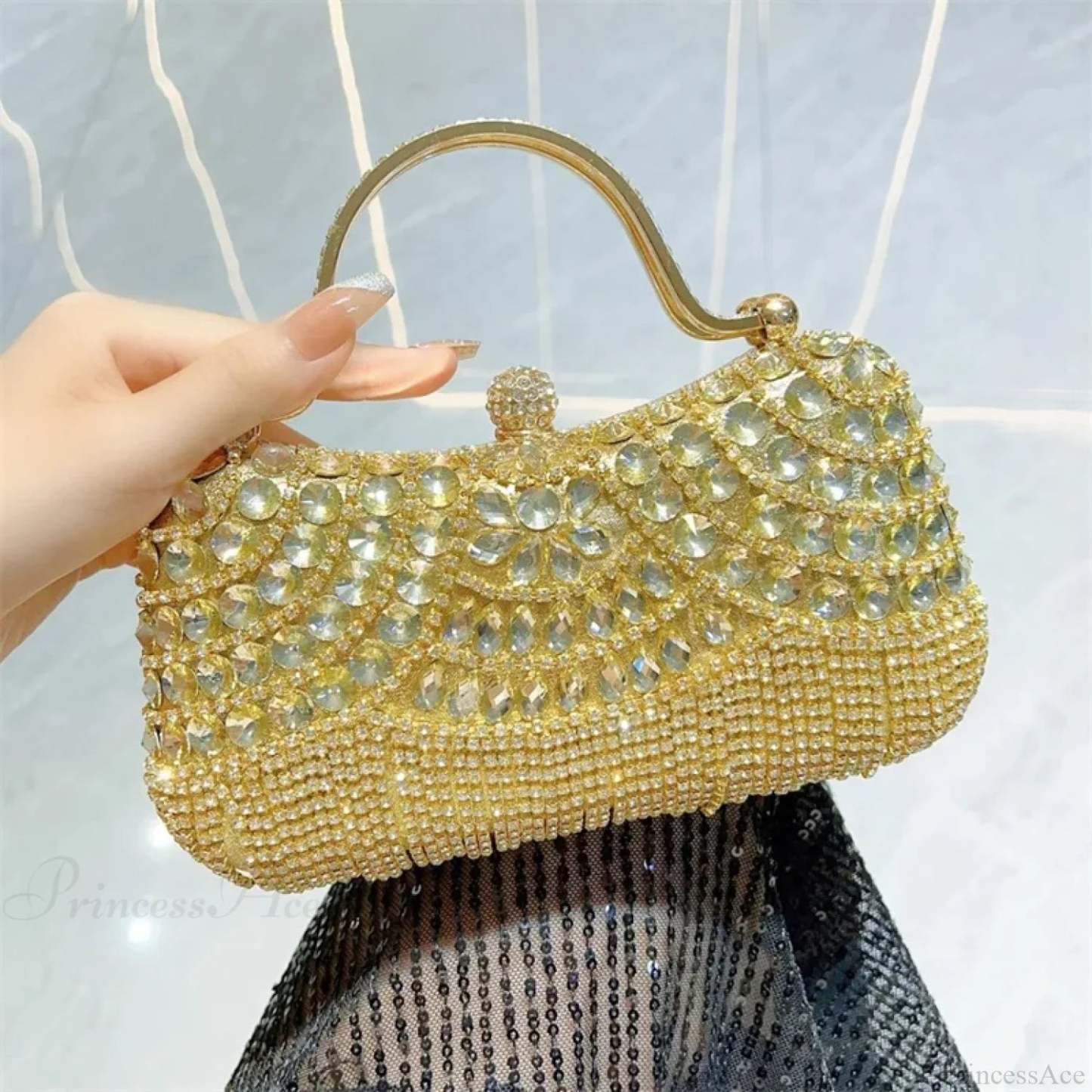 Rhinestone Silver Sparkling Tassel Shoulder Evening Clutch Bag Gold clutchbag-250126