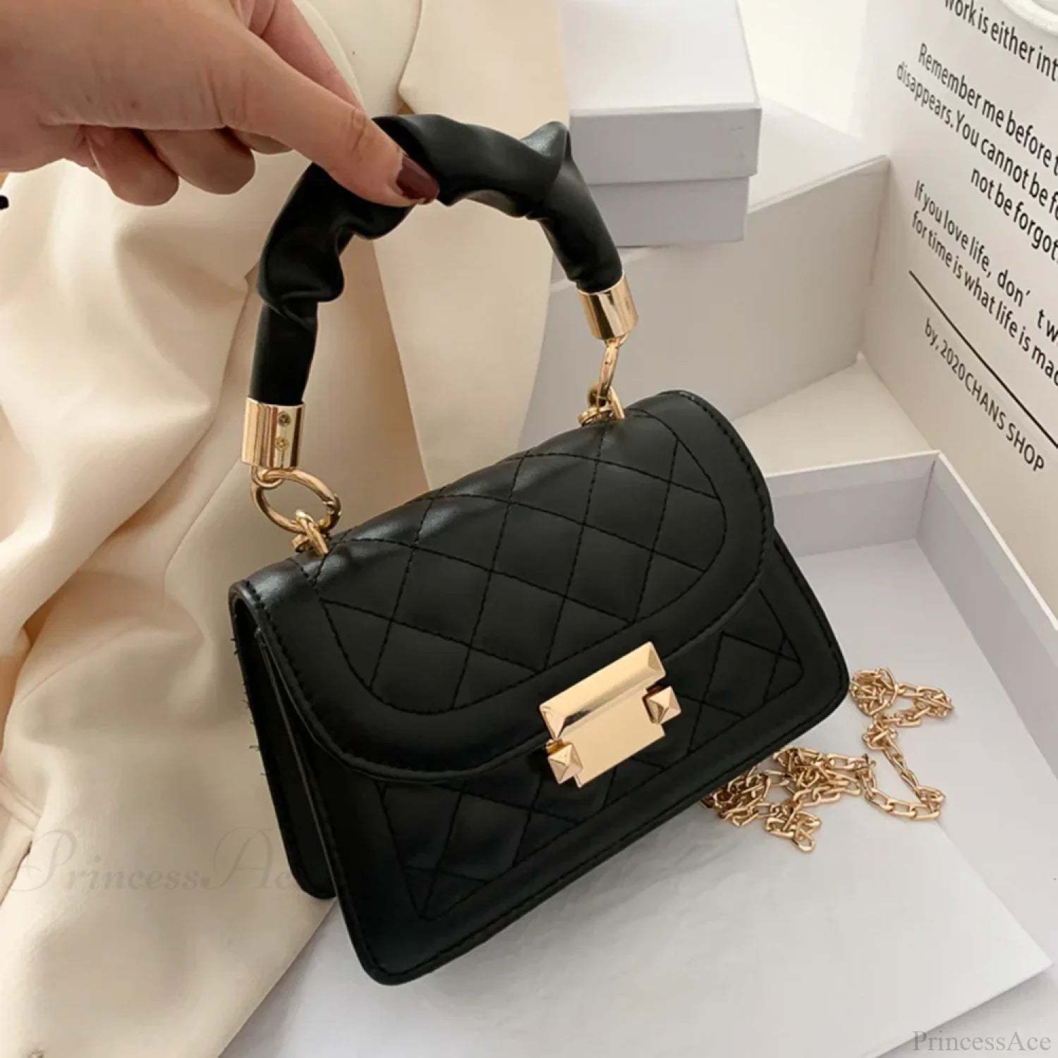 Women PU Leather Designer Crossbody Chain Handbag Black handbag-250126