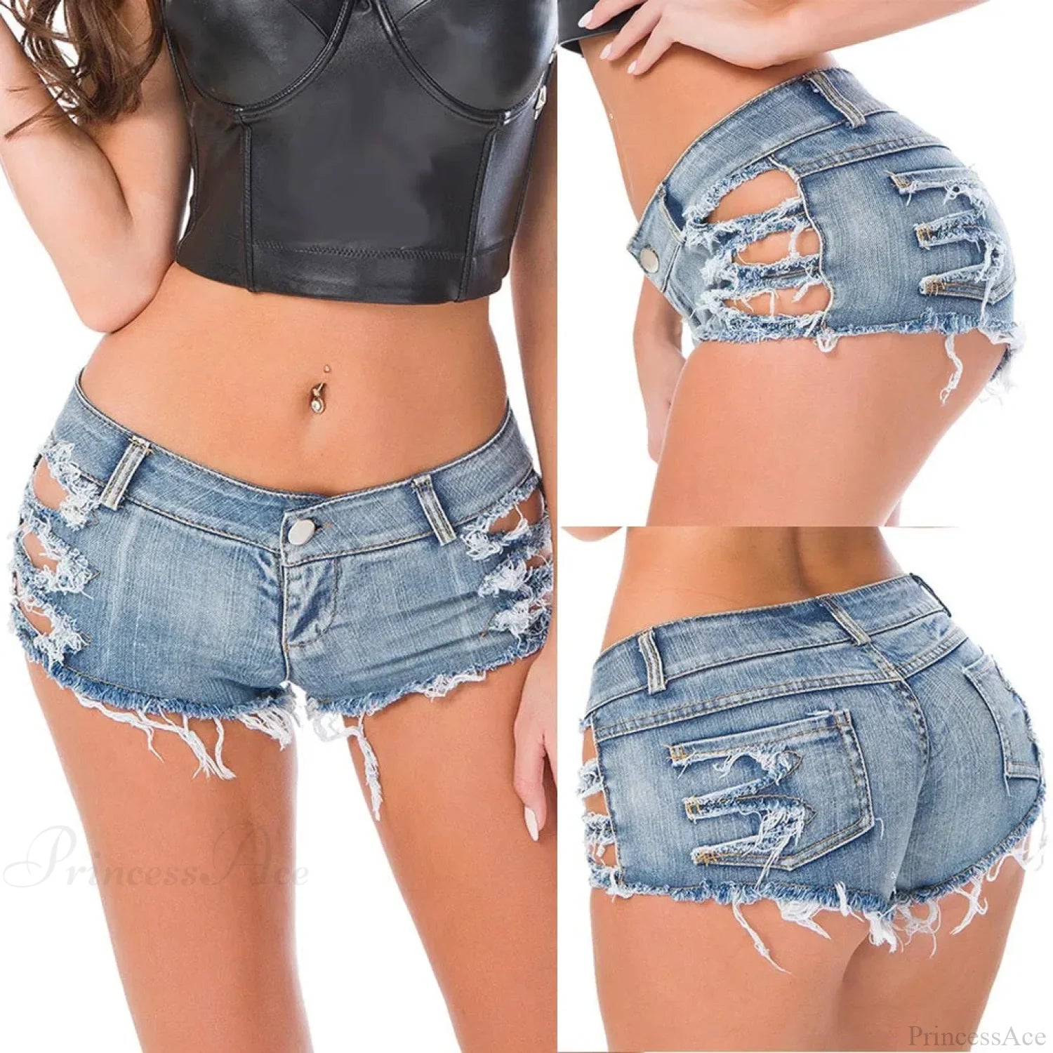 Ripped Hole Hem Denim Hotpants Short blue1 / S short-250223