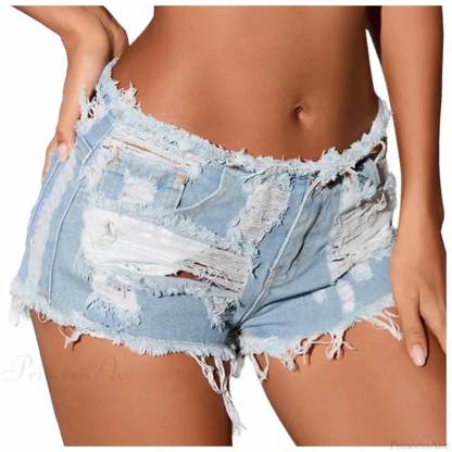 Ripped Hole Hem Denim Hotpants Short blue3 / S short-250223