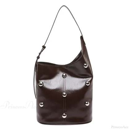 Rivet PU Bucket Shoulder Bag 2025 Coffee shoulder-250126