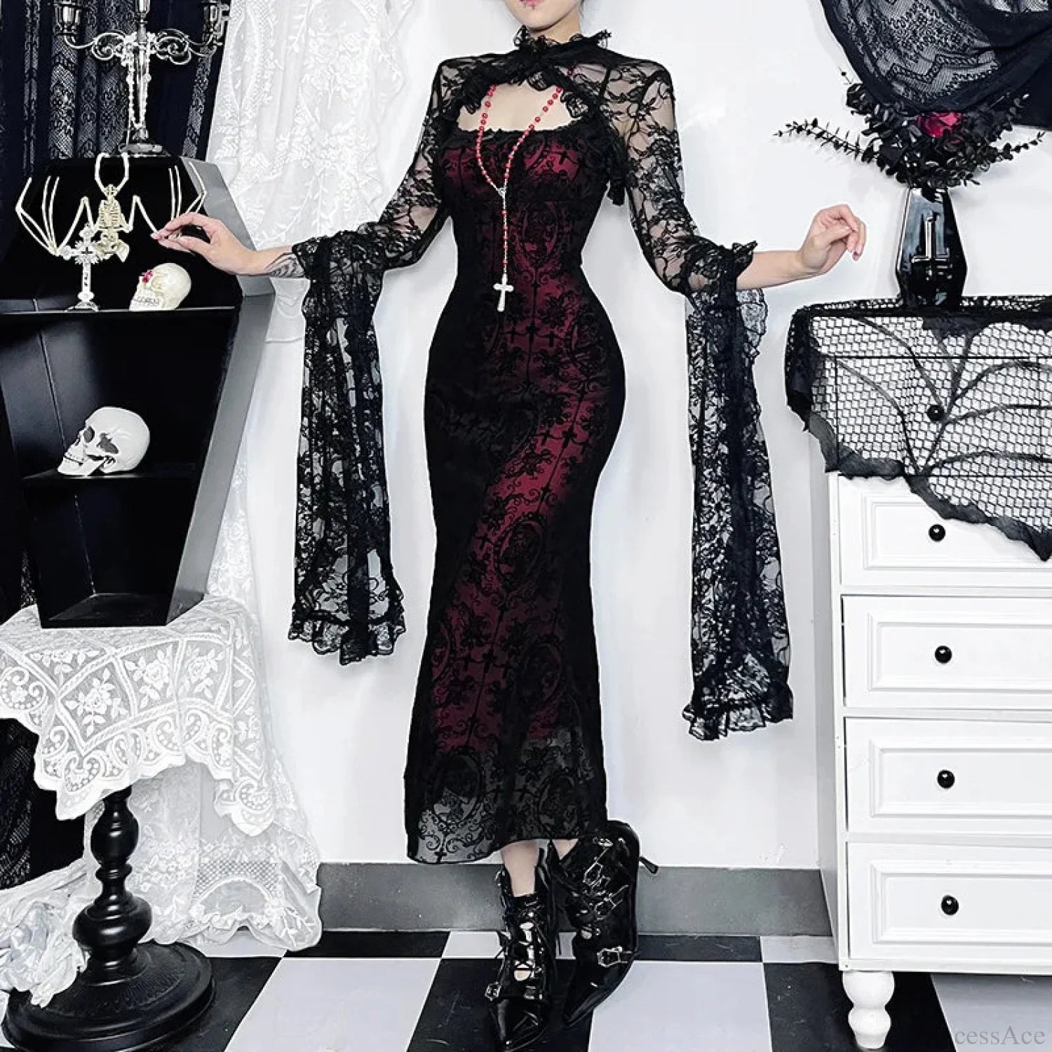 Ruched Backless Vintage Midi Dress Red / S