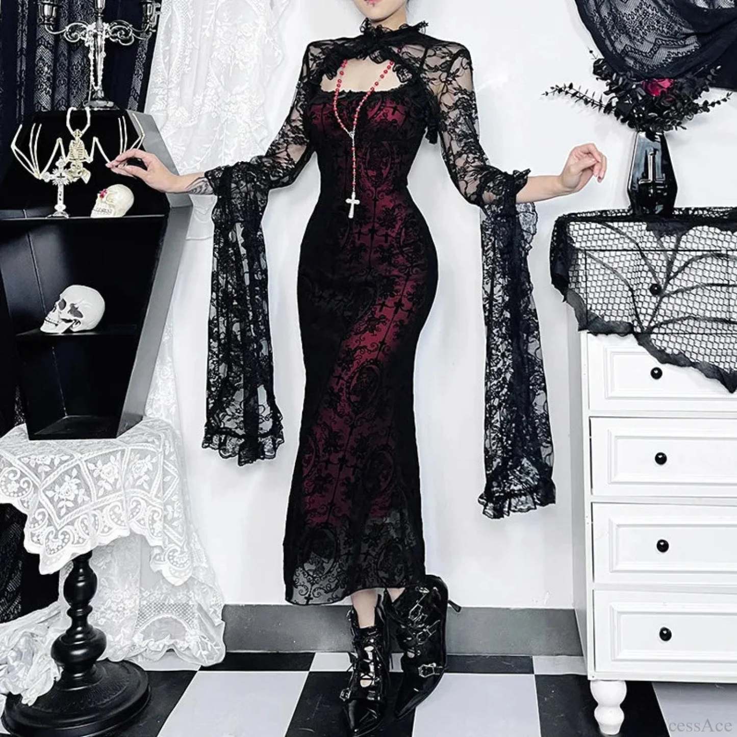 Ruched Backless Vintage Midi Dress Red / S