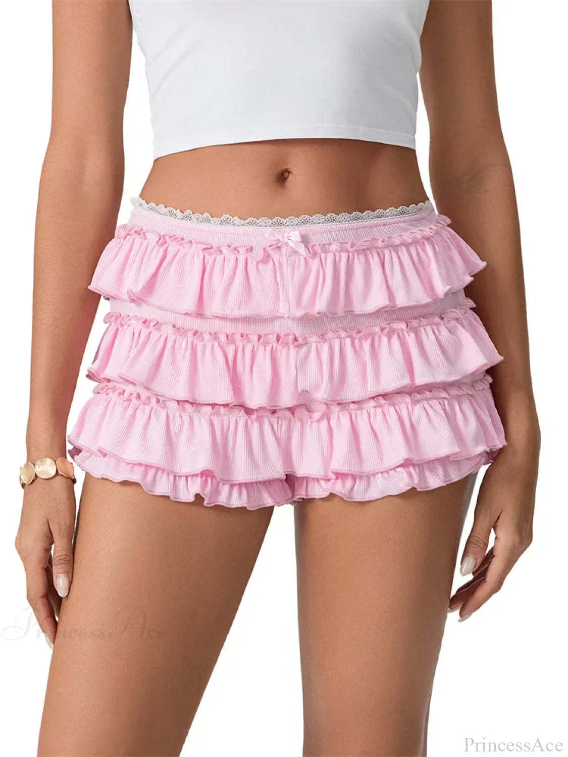 Ruched Lace Tiered Ruffled Short pink / S short-250223