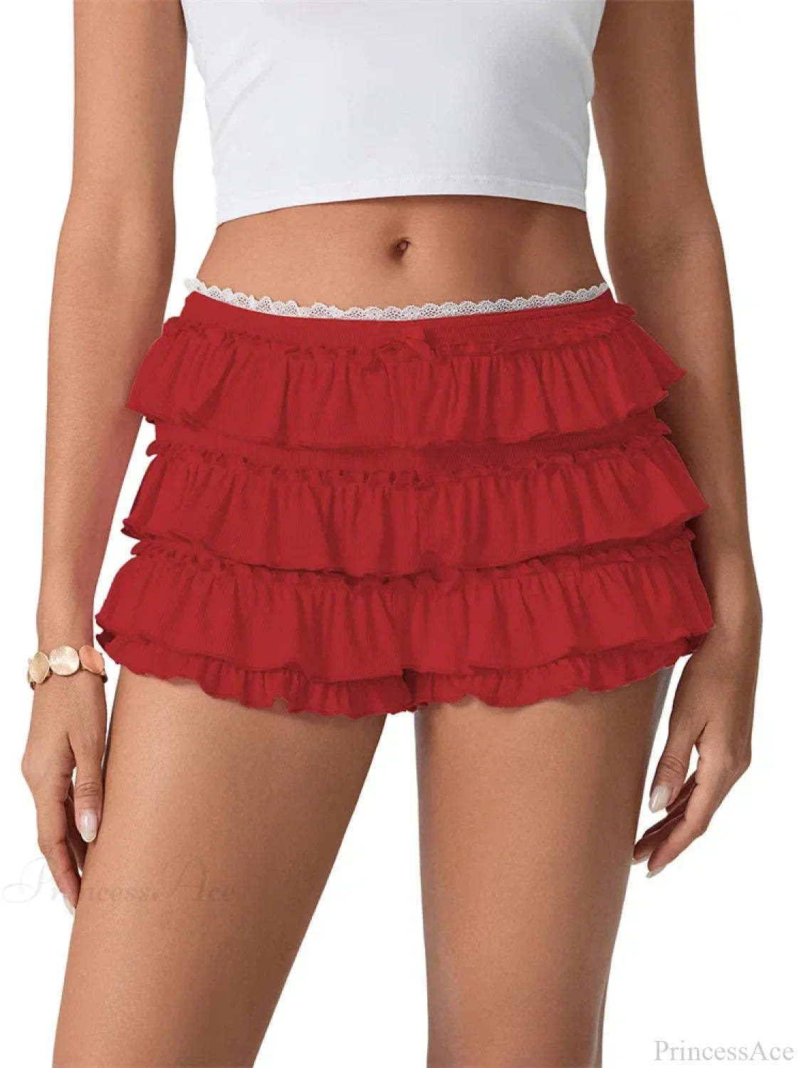 Ruched Lace Tiered Ruffled Short red / S short-250223