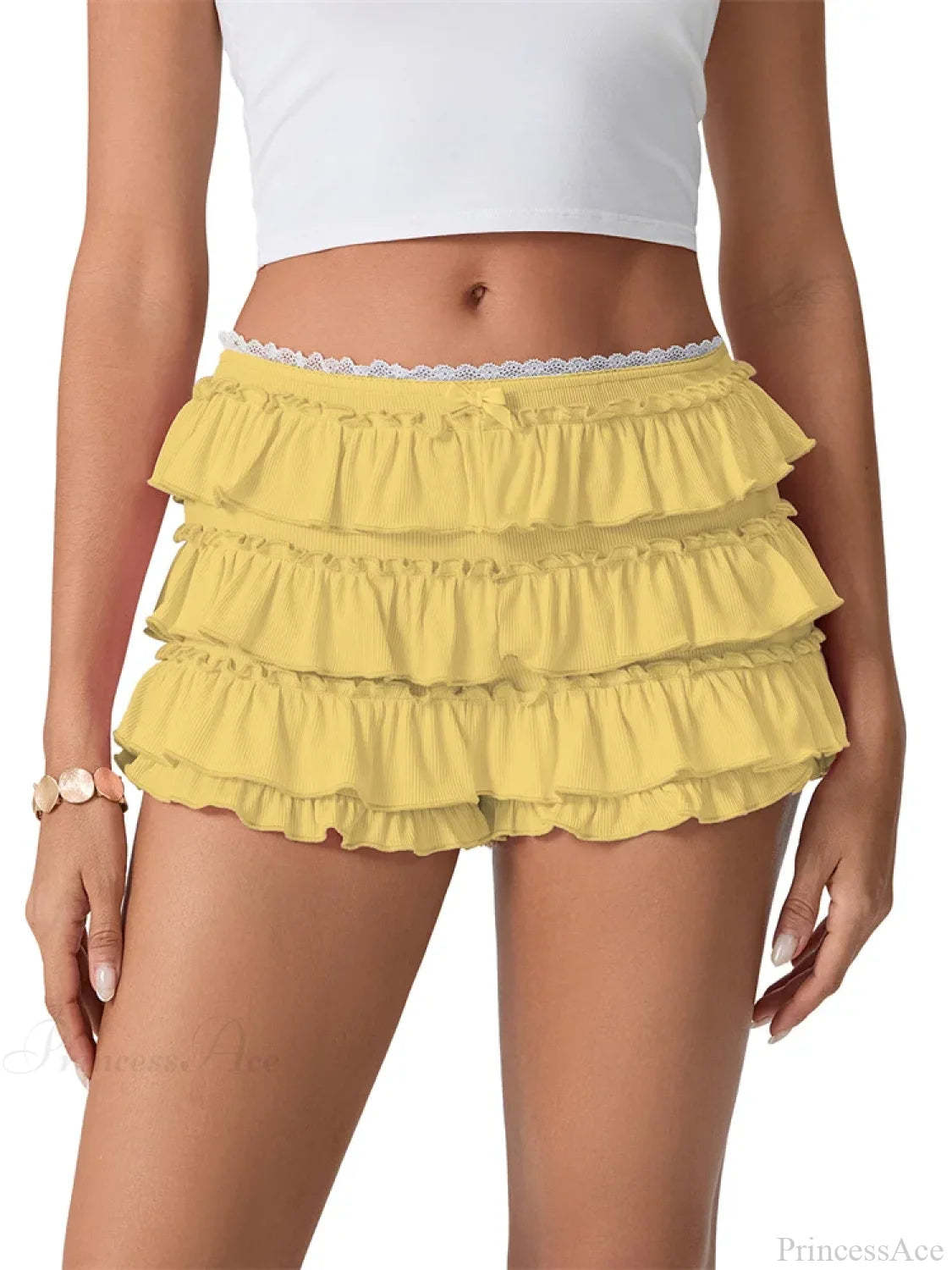 Ruched Lace Tiered Ruffled Short yellow / S short-250223