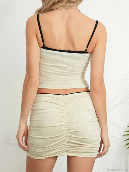 Ruched Summer Outfits Sleeveless Strap Crop Camis Tops with Mini Skirts Set twopiecesset-250126