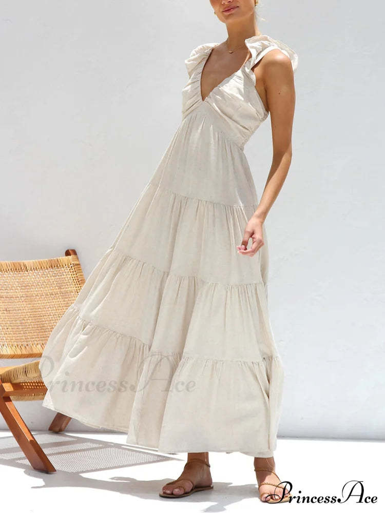 Ruffled Flying Sleeves Smocked Graceful Back Tiered Vacation Maxi Dress Beige / S Dresses