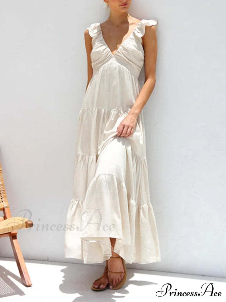 Ruffled Flying Sleeves Smocked Graceful Back Tiered Vacation Maxi Dress Dresses