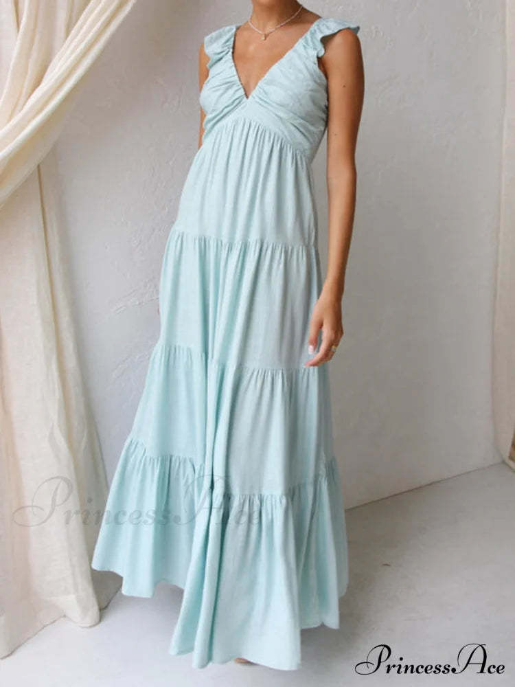 Ruffled Flying Sleeves Smocked Graceful Back Tiered Vacation Maxi Dress Dresses