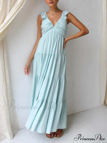 Ruffled Flying Sleeves Smocked Graceful Back Tiered Vacation Maxi Dress Sky Blue / S Dresses