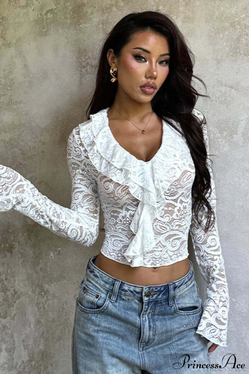 Ruffled Lace Trim Long Sleeve Tee