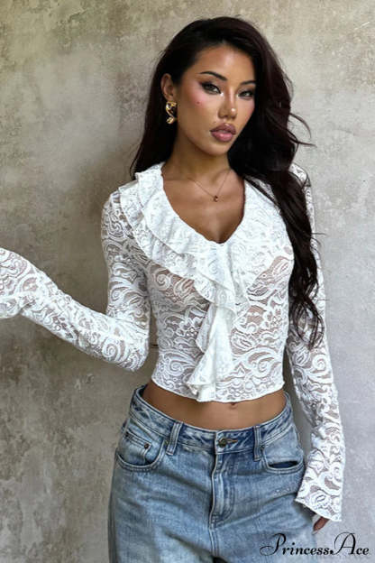 Ruffled Lace Trim Long Sleeve Tee