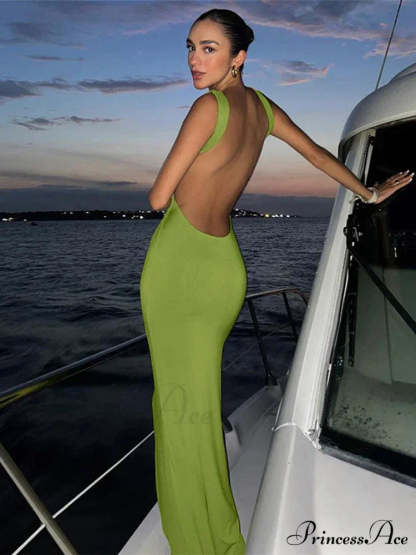 Ruffles Green Straps Backless Elegant Bodycon Evening Maxi Dress