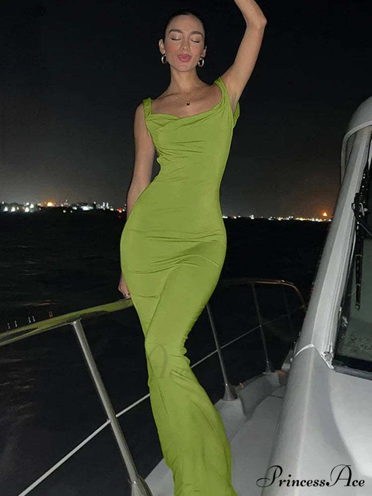 Ruffles Green Straps Backless Elegant Bodycon Evening Maxi Dress
