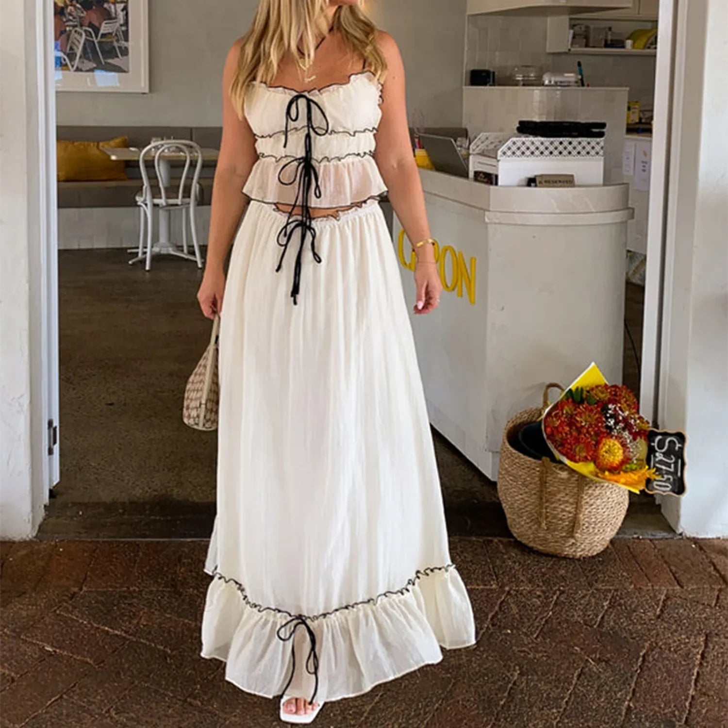 Ruffles Tie-Up Crop Top A-line Maxi Skirt Two Pieces Set twopiecesset-250126