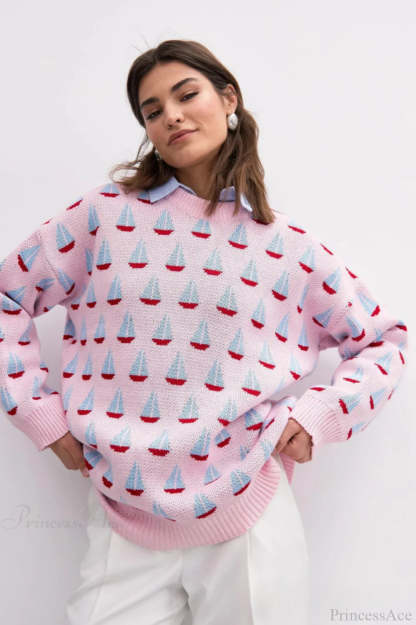 Sailboat Jacquard Loose Lazy Versatile Multi color Pullover Knit Sweater