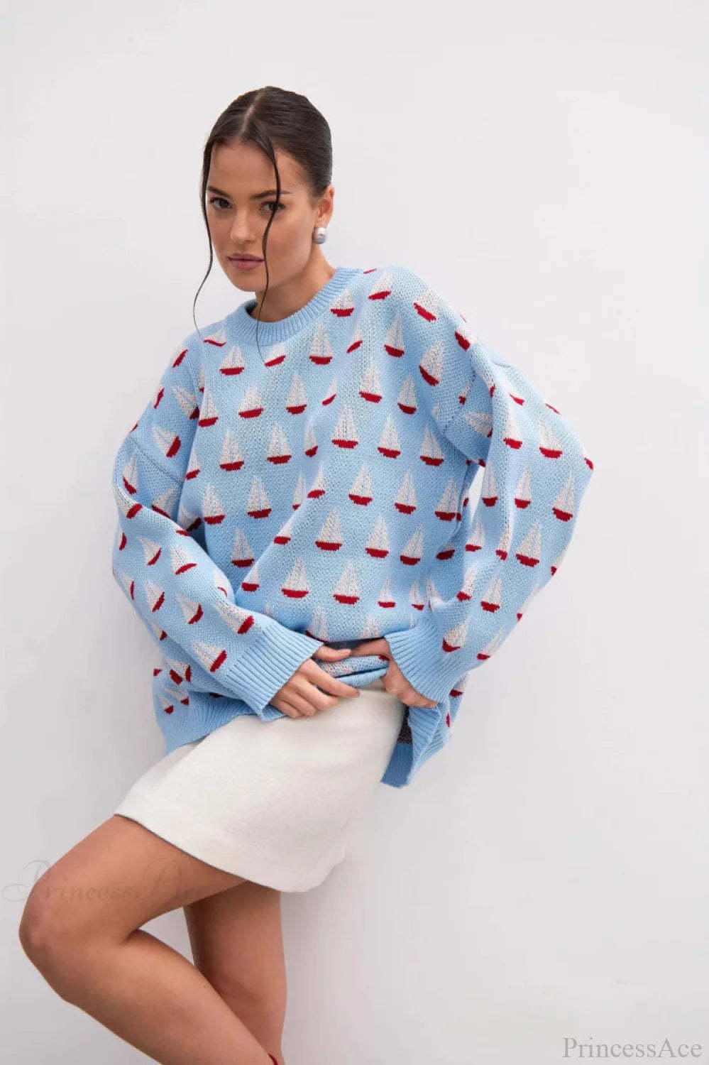 Sailboat Jacquard Loose Lazy Versatile Multi color Pullover Knit Sweater