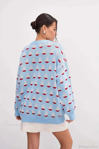 Sailboat Jacquard Loose Lazy Versatile Multi color Pullover Knit Sweater