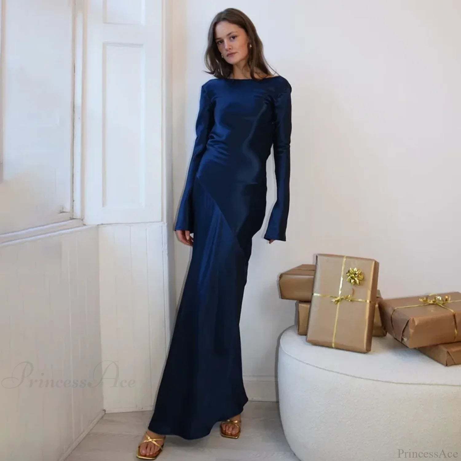 Satin Backless Maxi Dress Dark Blue / S