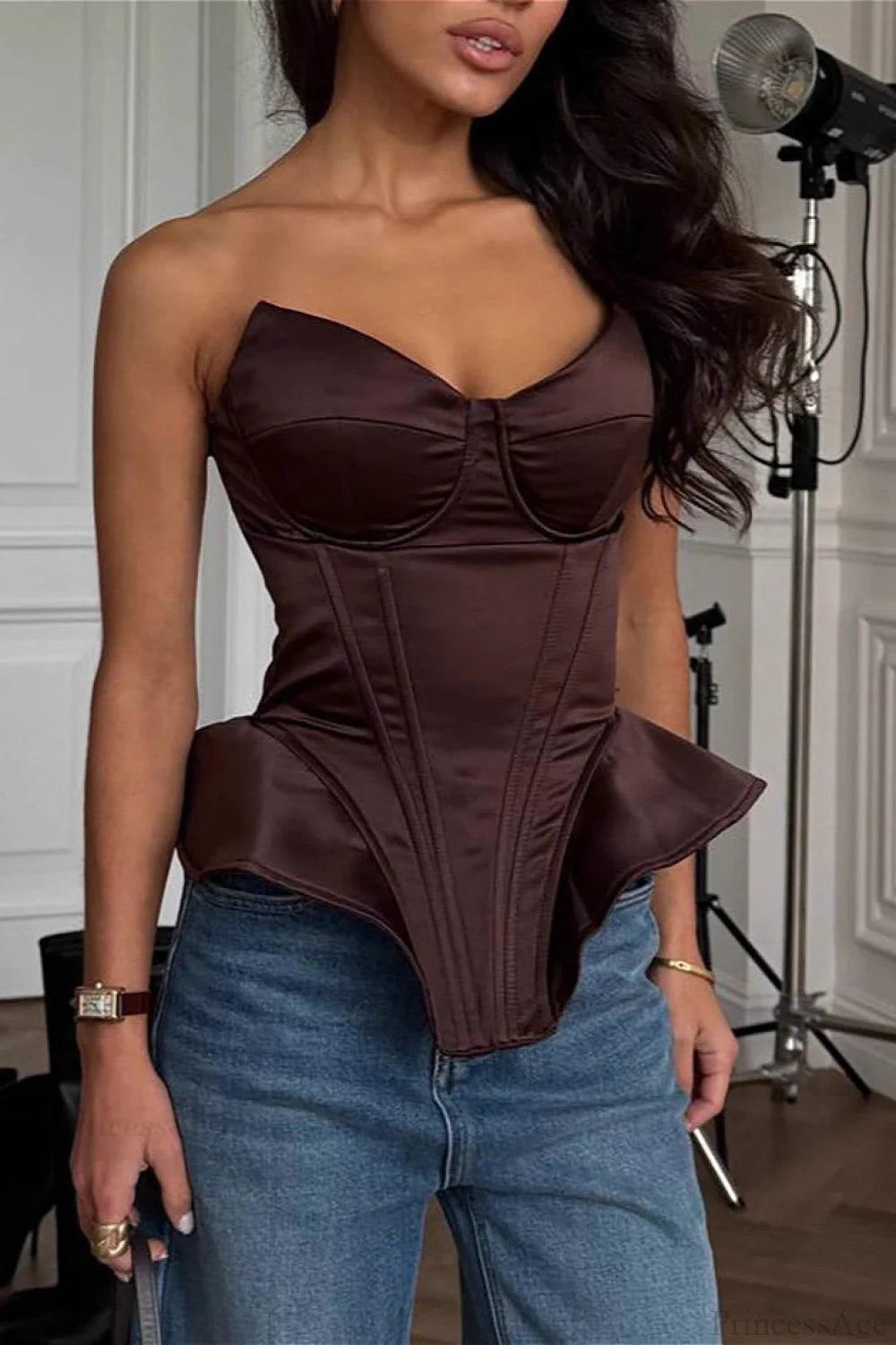 Satin Boned Fitted Bustier Corset Brown / S