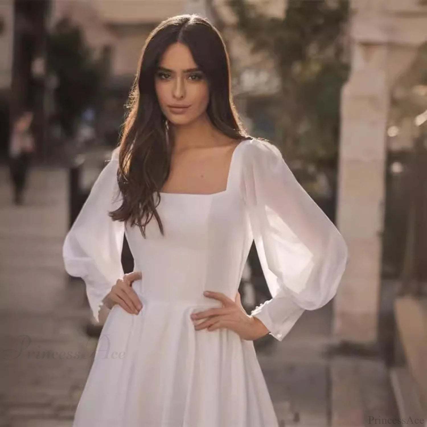 Satin Chiffon Sleeve Backless Wedding Dress weddingdress-250223