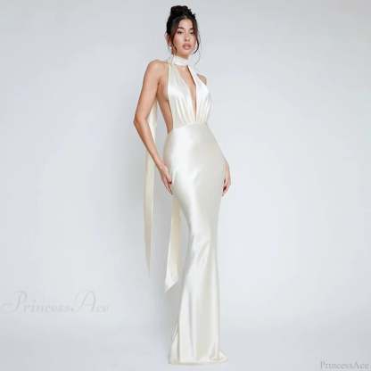 Satin Deep V Neck Vacation Dress vacationdress-250223