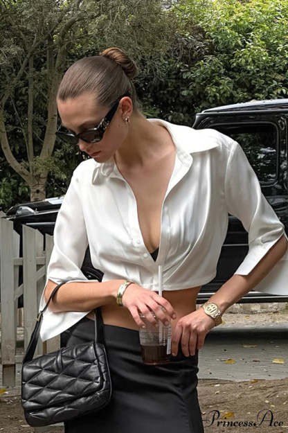 Satin V Neck Minimalist 5-Sleeve Crop Top