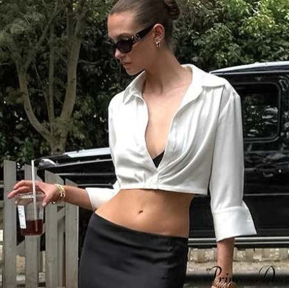 Satin V Neck Minimalist 5-Sleeve Crop Top White / S