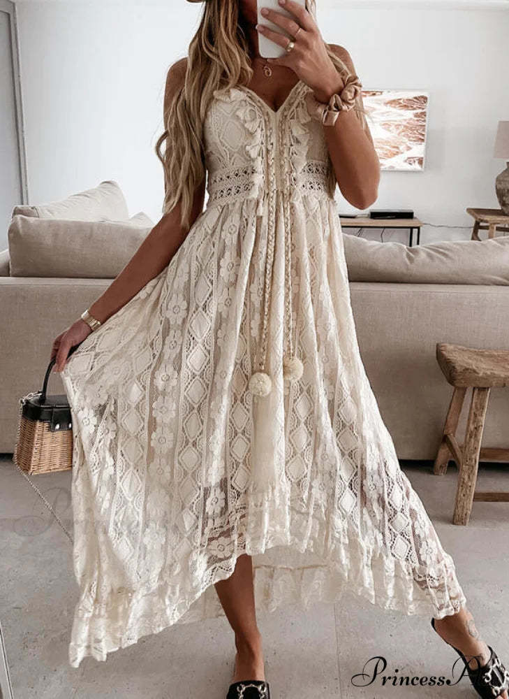Seaside Breeze Embroidered Maxi Dress M / Beige High Low Boho Dress