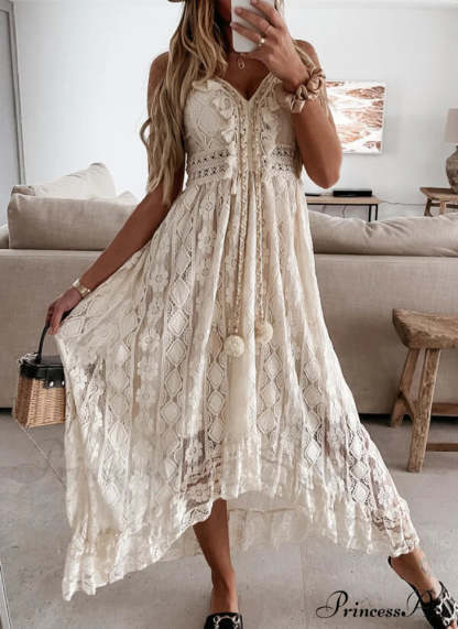 Seaside Breeze Embroidered Maxi Dress M / Beige High Low Boho Dress