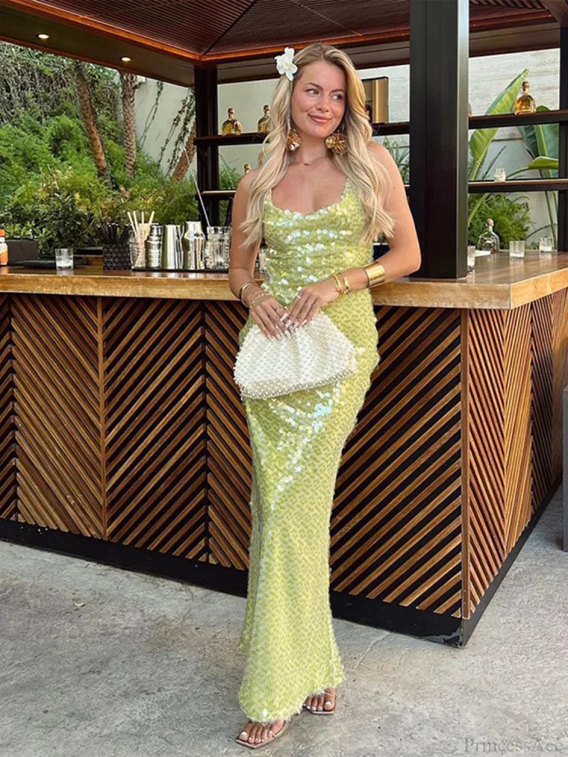 Sequin Backless Lace-Up Square Collar Maxi Dress green / S