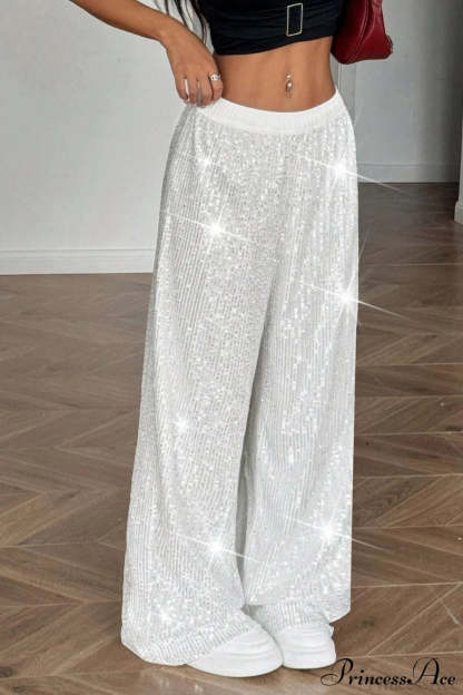 Sequin High Waist Flowy Wide-Leg Pants Silver / S