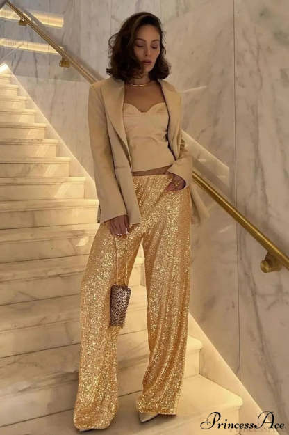 Sequin Slim-Fit Straight Casual Pants