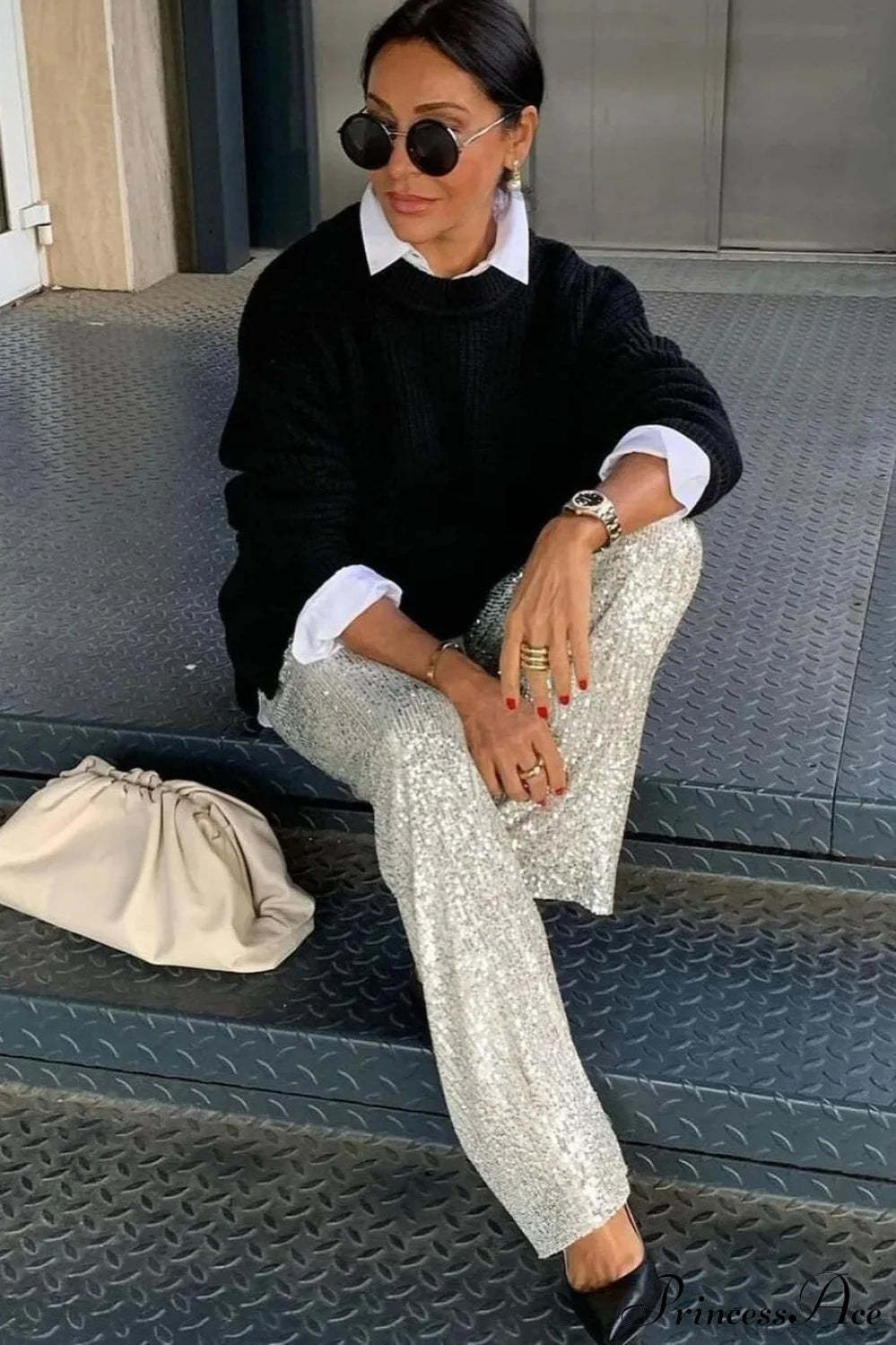 Sequin Slim-Fit Straight Casual Pants