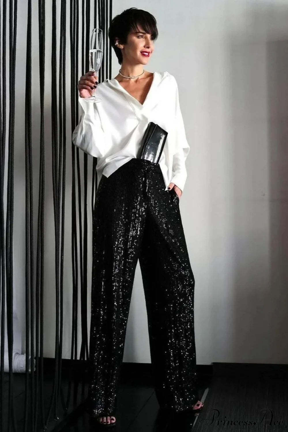 Sequin Slim-Fit Straight Casual Pants