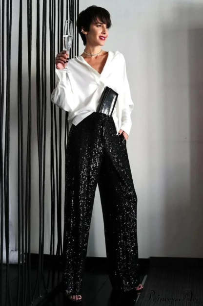Sequin Slim-Fit Straight Casual Pants